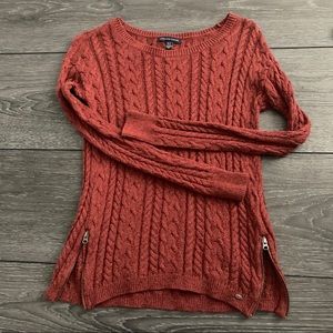 Copper red knit sweater with two zippers